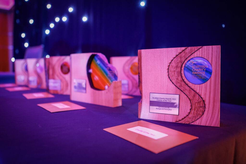 Scottish Charity Awards trophies on a table