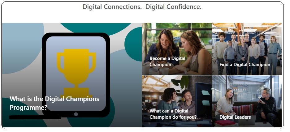 Fife Council DC hub. Title says Digital Connections Digital Confidence. Beneath is five sections with photos of supporting-looking people and a champions trophy. The section titles are 'What is the Digital Champions programme?', 'Become a Digital Champion', 'Find a Digital Champion', 'What can a Digital Champion do for you?', 'Digital Leaders'