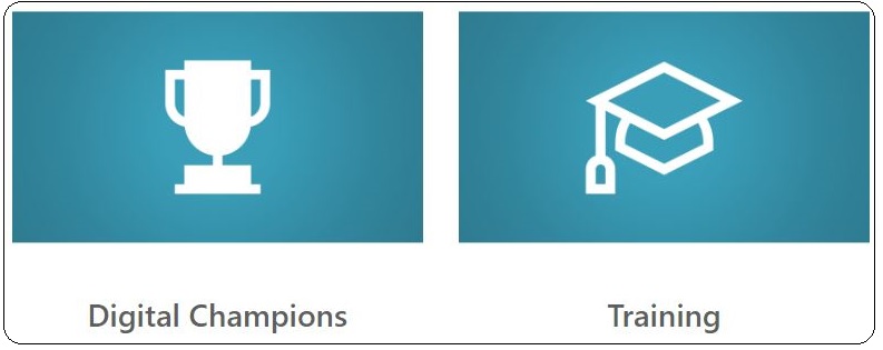 A trohpy cup graphic with a title 'Digital Champions' and a graduation cap graphic with the title 'Training'