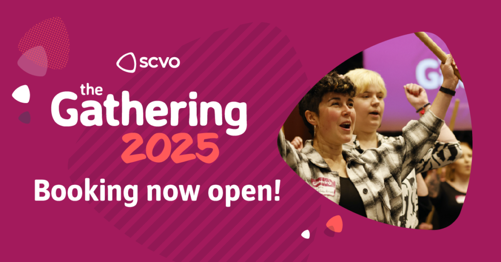 Graphic image. Maroon background with a photo of people playing drums with their hands raised in the air overlaid and text overlaid that reads "SCVO Gathering 2025 booking now open"