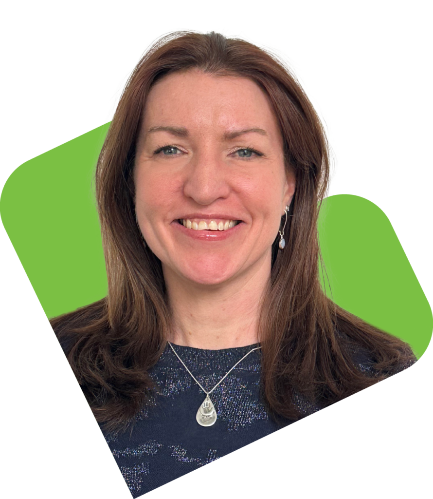 A headshot photo of Rosie Wylie, a woman with brown mid-length hair, against a green Volunteer Scotland background.